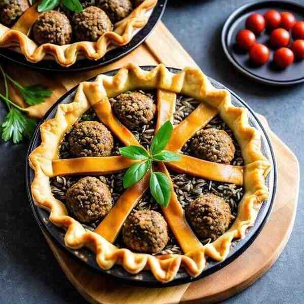 Заливной пирог с диким рисом и тефтелями